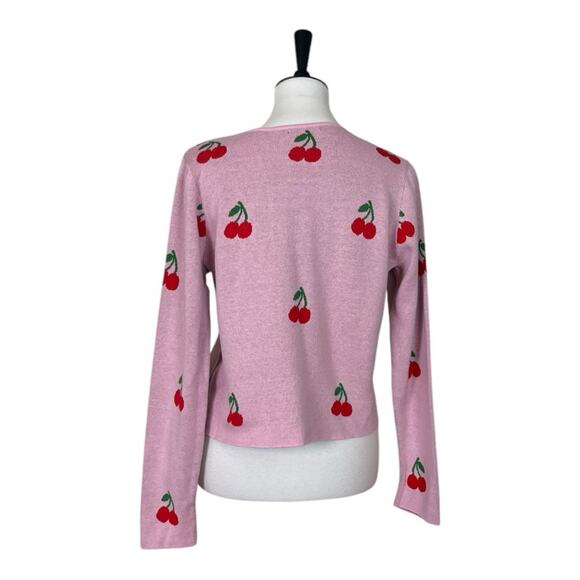 Nikkak Cardigan Sweater Tie Front Cropped Pink Red Cherry Pattern Women Size XL - Picture 2 of 12
